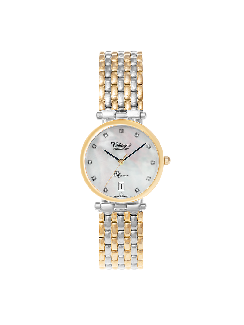 Case Two Tone Gold Plated Stainless Steel Dial Mother of Pearl Dial Diamond Bracelet