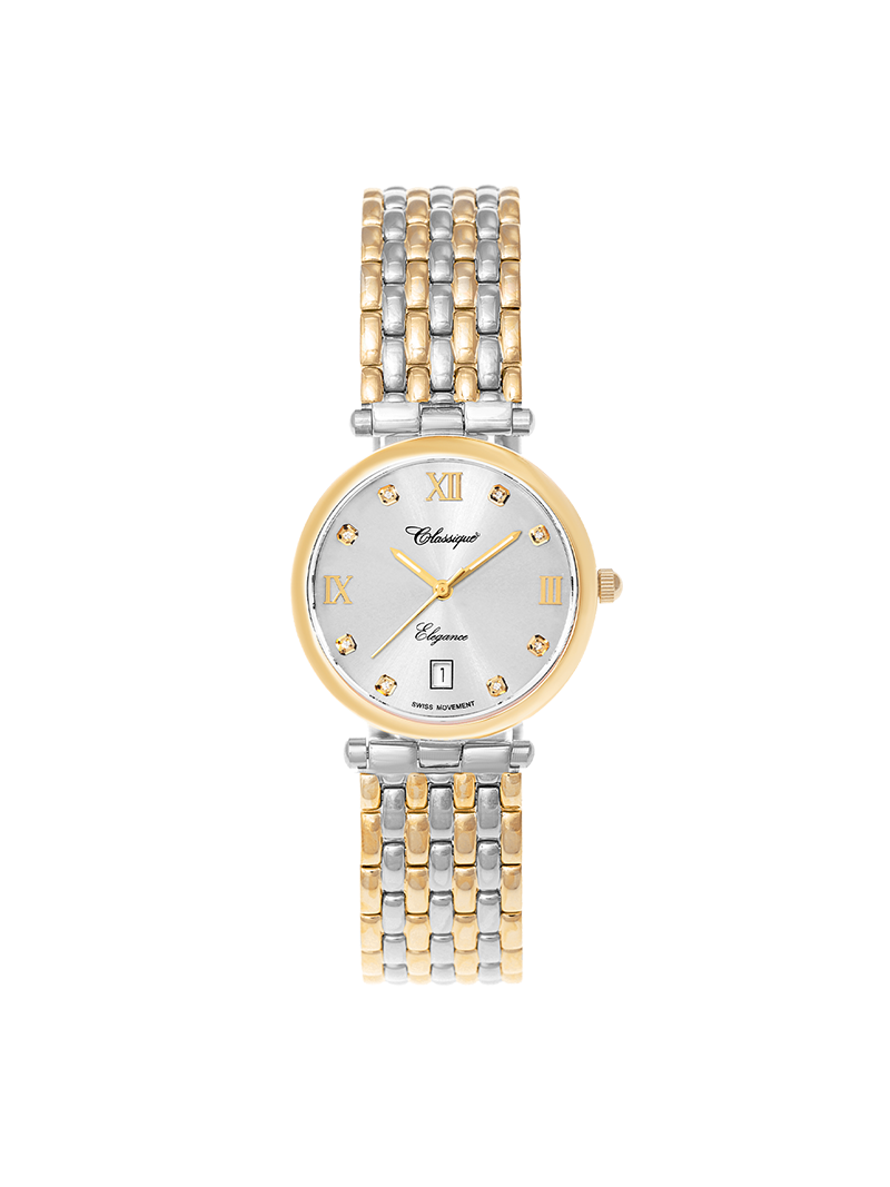 Case Two Tone Gold Plated Stainless Steel Dial Silver Dial Square Stone Bracelet