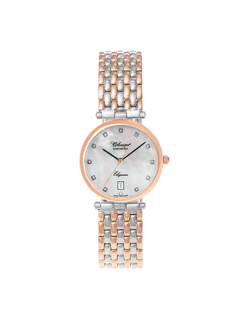 Case Two Tone Rose Gold Plated Stainless Steel Dial Mother of Pearl Dial Diamond Bracelet