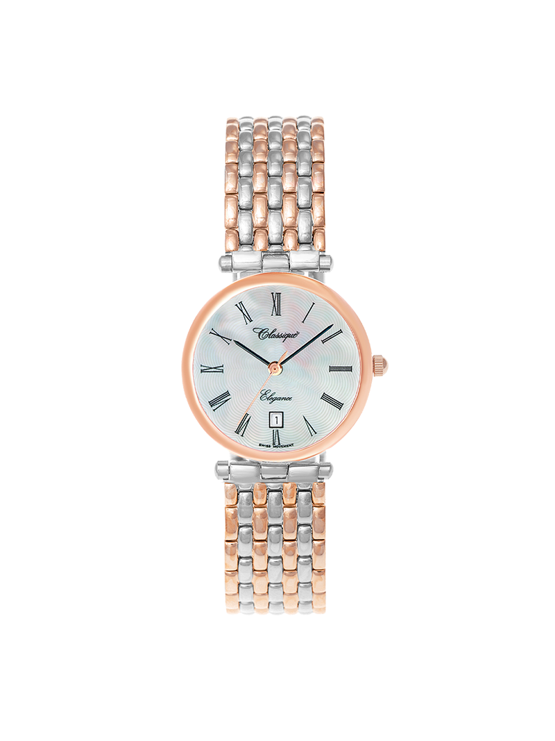 Case Two Tone Rose Gold Plated Stainless Steel Dial Mother of Pearl Dial Black Roman Bracelet