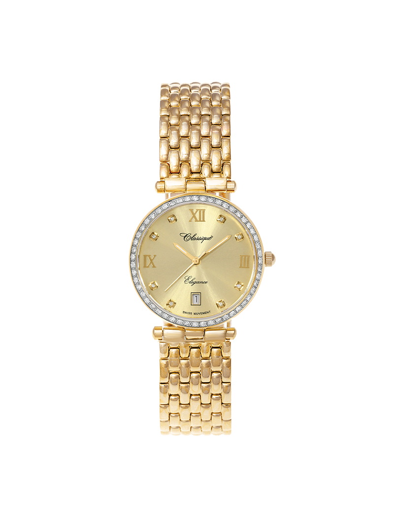 Case Gold Plated Stainless Steel Dial Champagne Dial Square Stone Bracelet