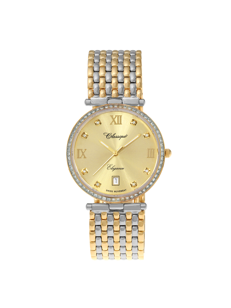 Case Two Tone Gold Plated Stainless Steel Dial Champagne Dial Square Stone Band Bracelet
