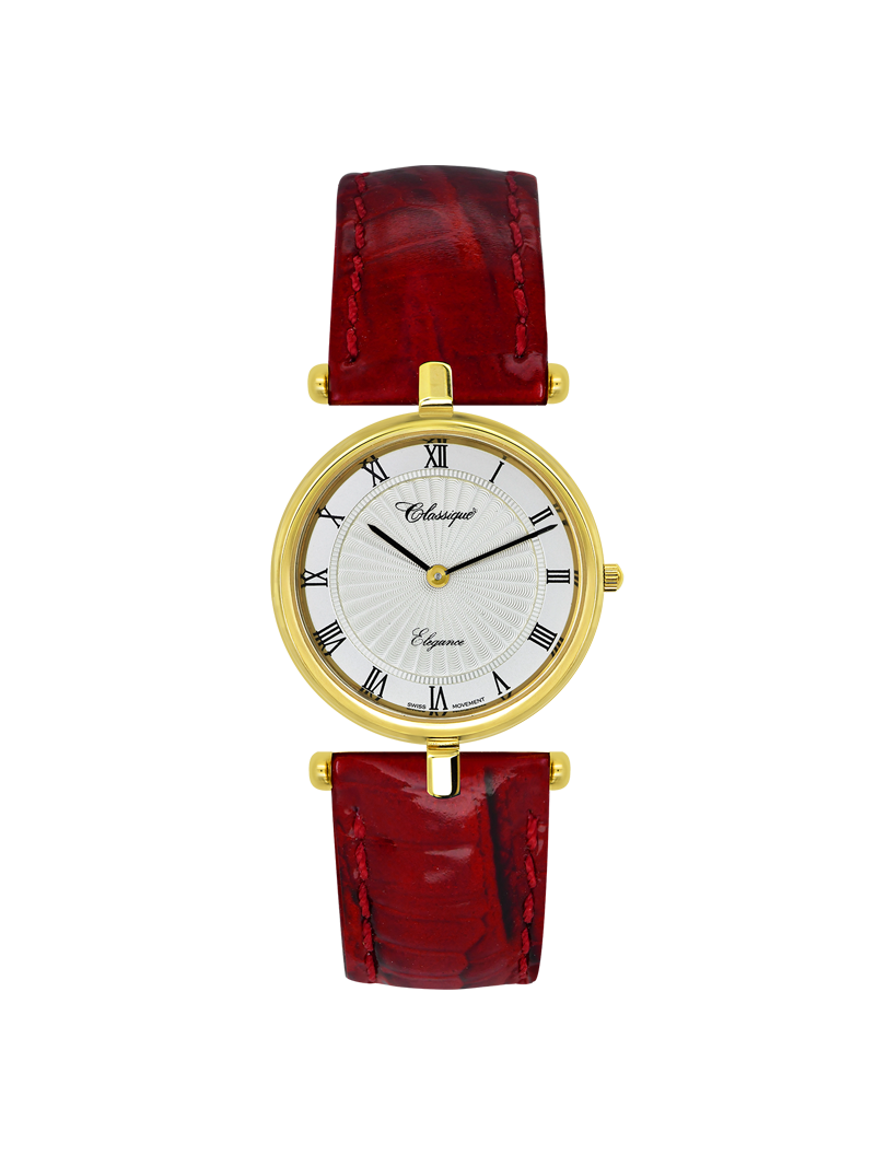 Case Gold Plated Stainless Steel Dial White Dial Black Roman Leather Red