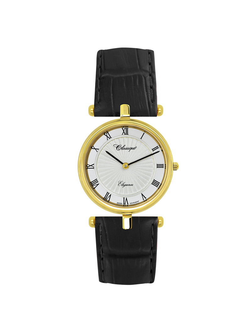 Case Gold Plated Stainless Steel Dial White Dial Black Roman Leather Black