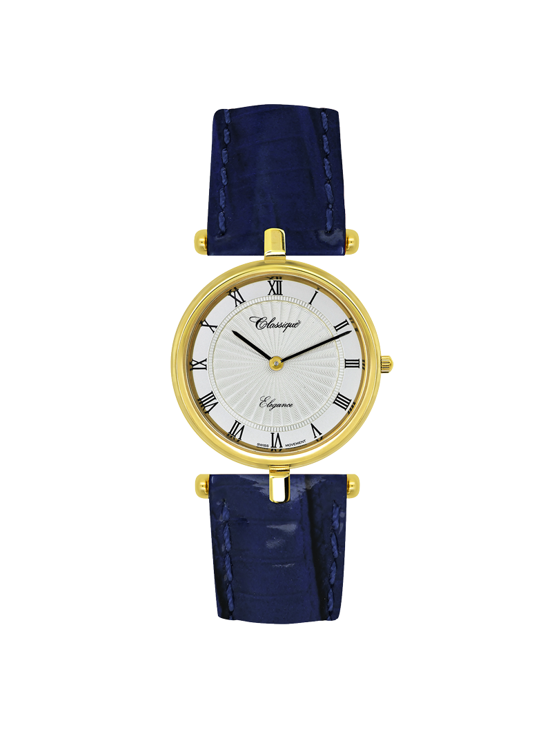 Case Gold Plated Stainless Steel Dial White Dial Black Roman Leather Blue