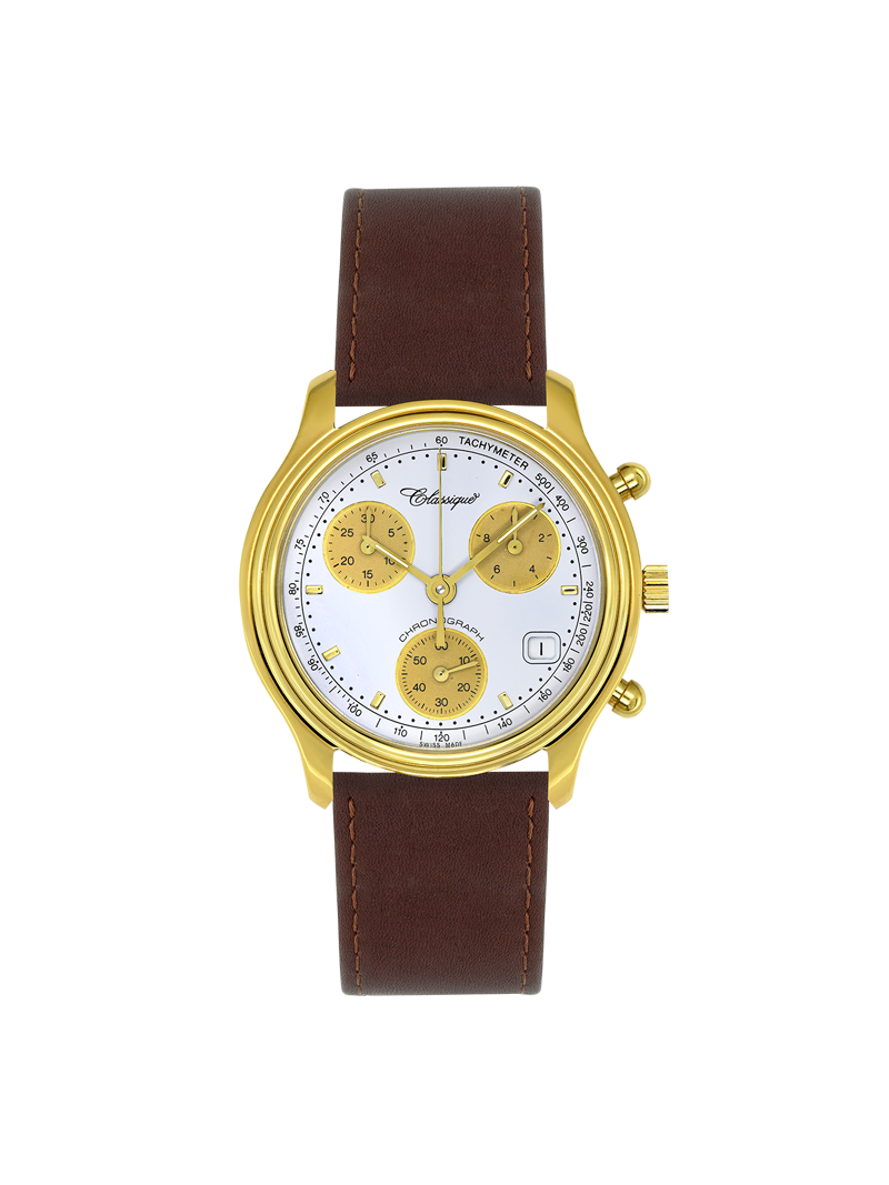 Case Gold Plated Stainless Steel Dial White Dial Black Chronograph Leather Brown