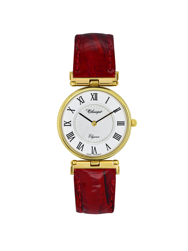 Case Gold Plated Stainless Steel Dial White Dial Black Roman Leather Red