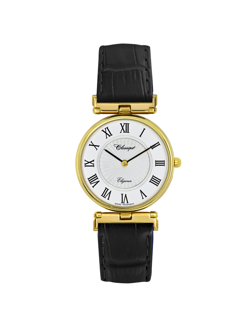 Case Gold Plated Stainless Steel Dial White Dial Black Roman Leather Black