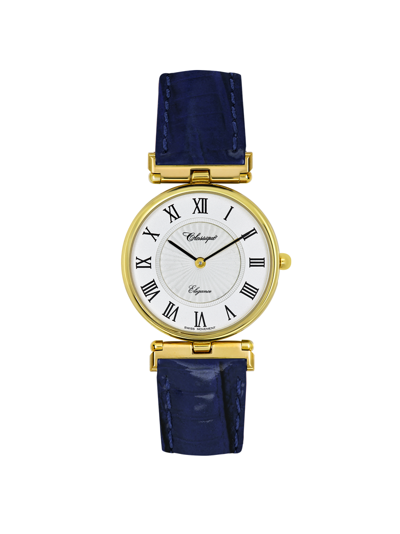 Case Gold Plated Stainless Steel Dial White Dial Black Roman Leather Blue