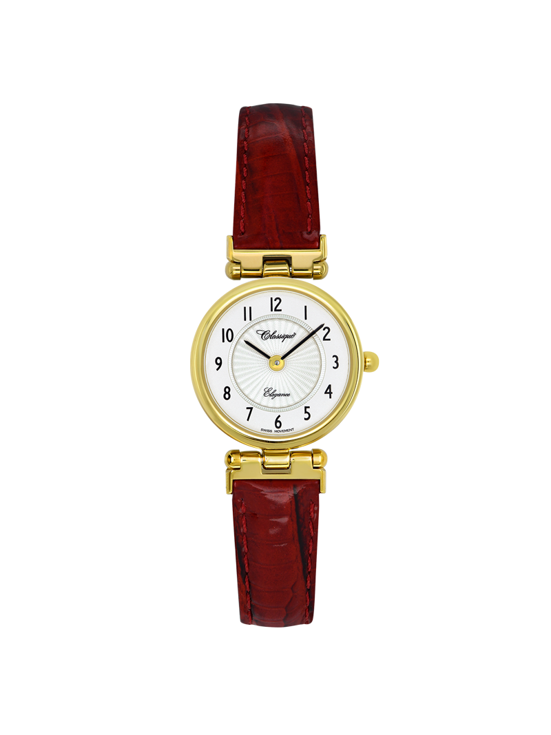 Case Gold Plated Stainless Steel Dial White Dial Black Arabic Leather Red
