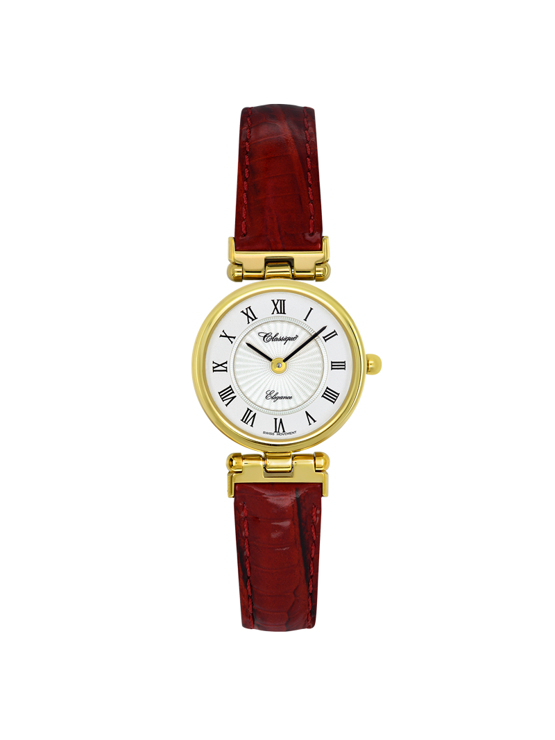 Case Gold Plated Stainless Steel Dial White Dial Black Roman Leather Red