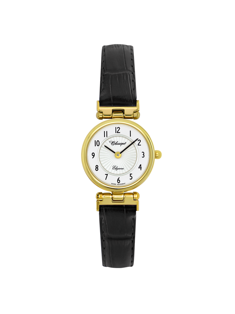 Case Gold Plated Stainless Steel Dial White Dial Black Arabic Leather Black