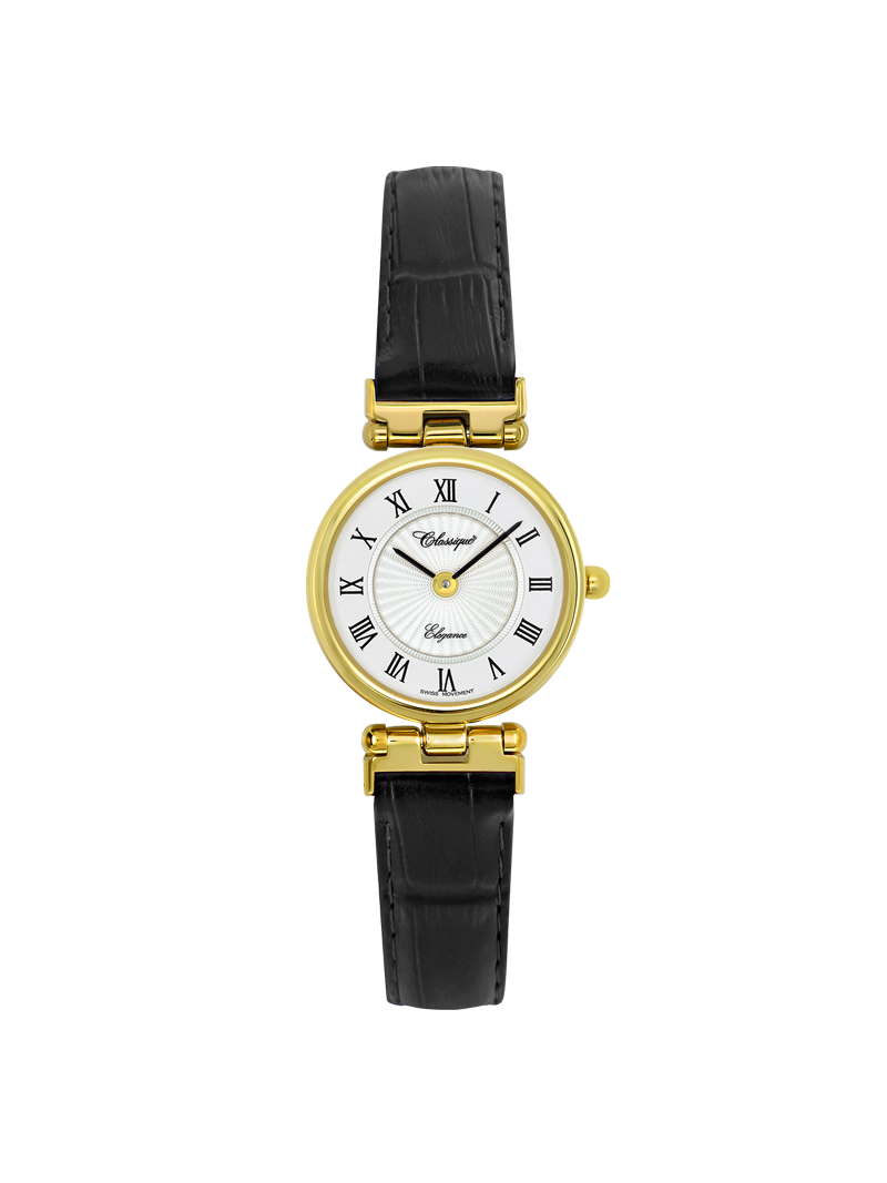 Case Gold Plated Stainless Steel Dial White Dial Black Roman Leather Black