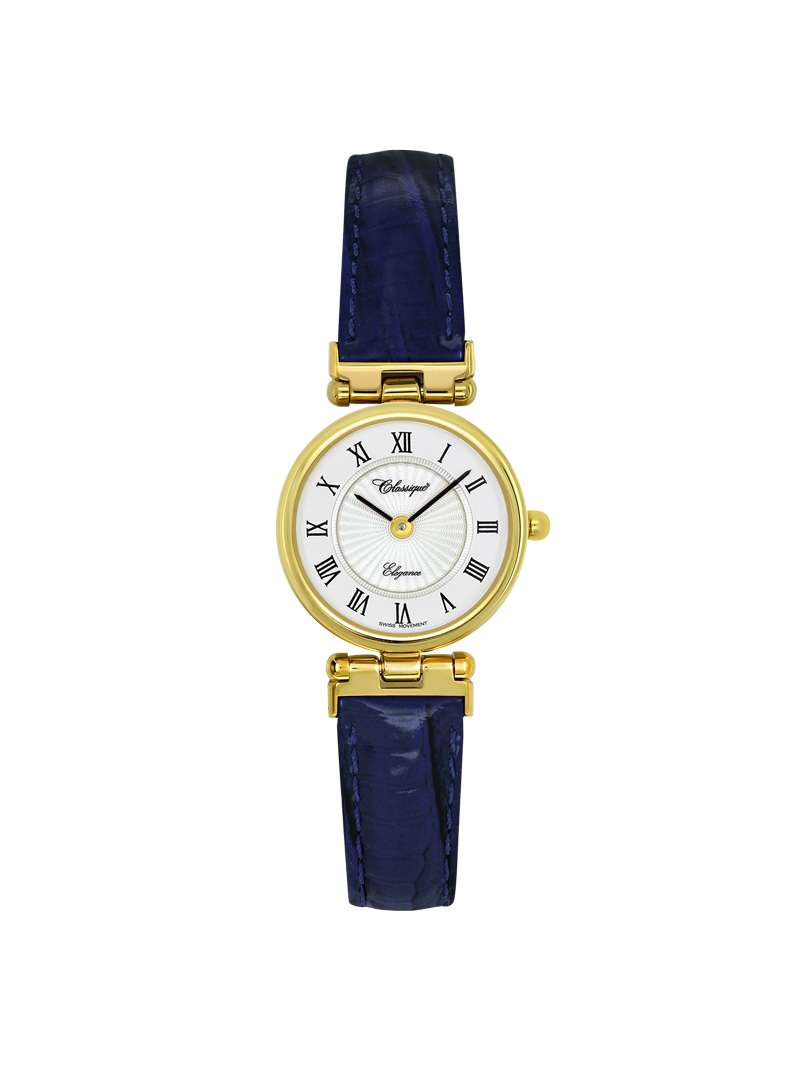 Case Gold Plated Stainless Steel Dial White Dial Black Roman Leather Blue