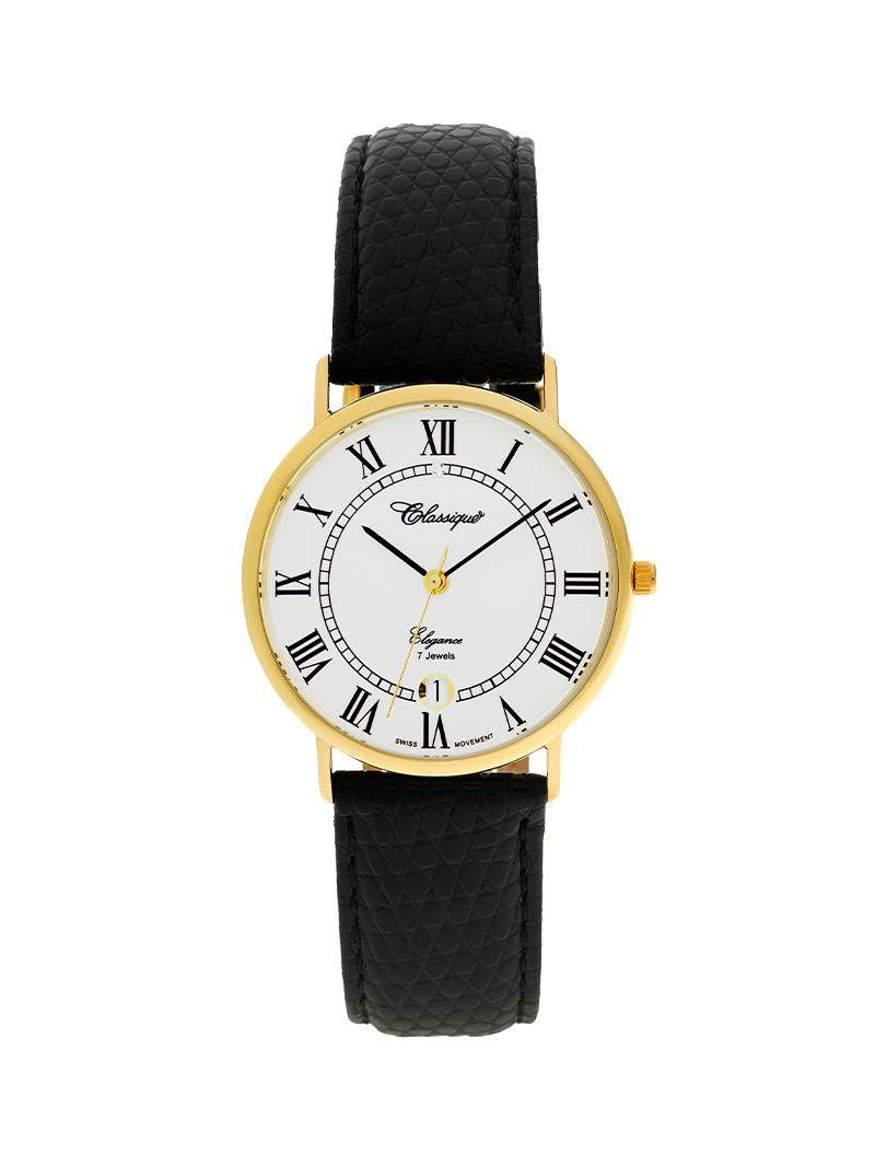 Case 9ct Gold Dial White Dial Black Roman Leather Black