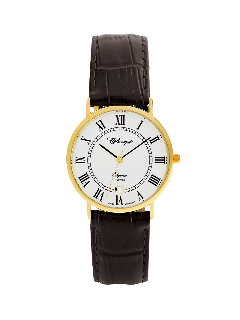 Case 9ct Gold Dial White Dial Black Roman Leather Brown