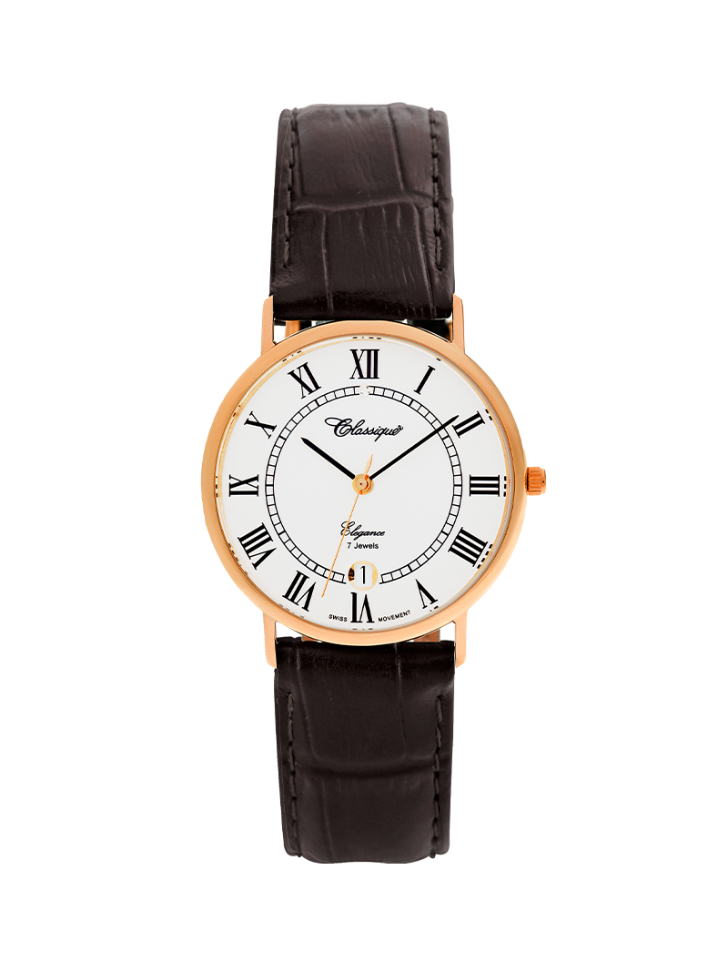 Case 9ct Rose Gold Dial White Dial Black Roman Leather Brown