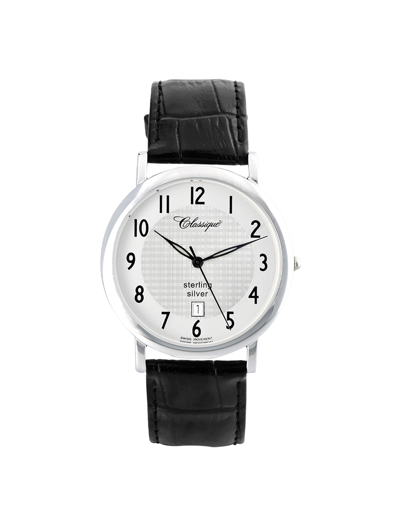 Case Sterling Silver Dial White Dial Black Arabic Leather Black