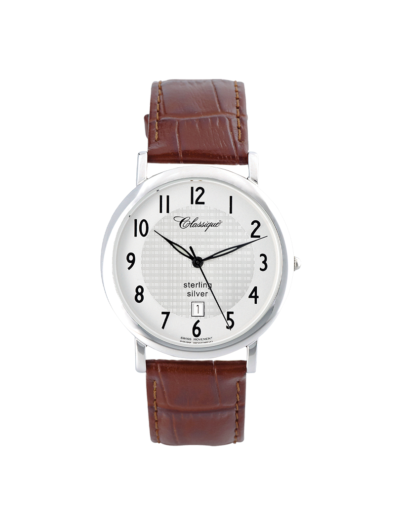 Case Sterling Silver Dial White Dial Black Arabic Leather Brown