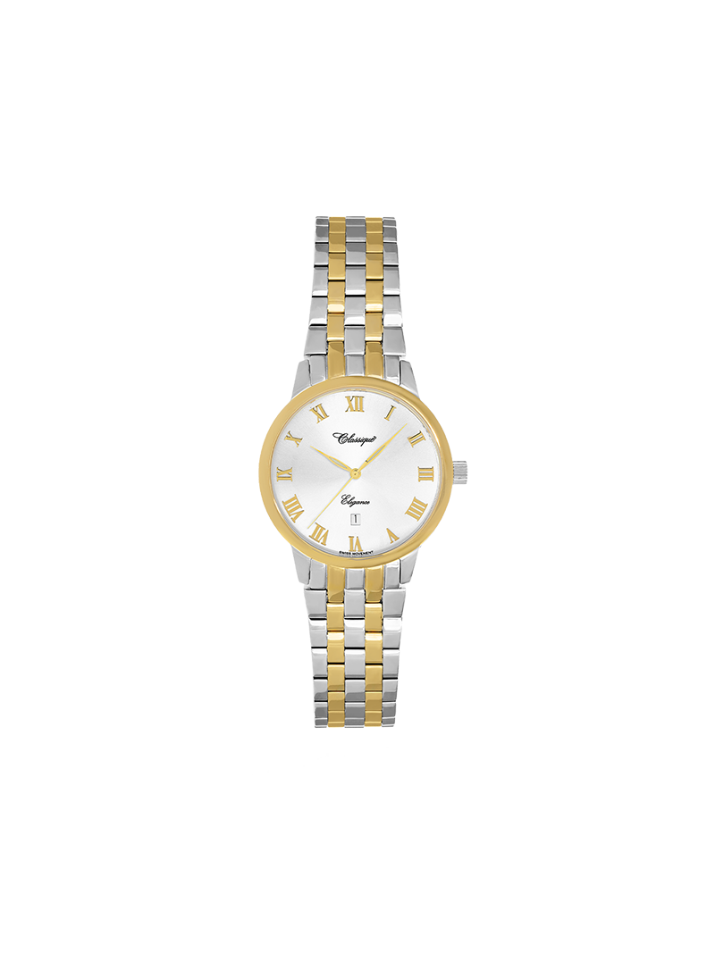 Case Two Tone Gold Plated Stainless Steel Dial Silver Dial Champagne Roman Bracelet