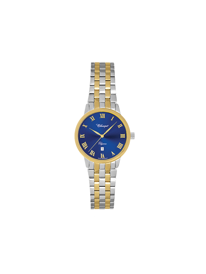 Case Two Tone Gold Plated Stainless Steel Dial Blue Dial Champagne Roman Bracelet