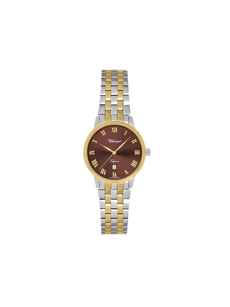 Case Two Tone Gold Plated Stainless Steel Dial Brown Dial Champagne Roman Bracelet