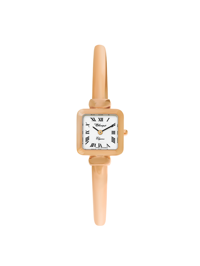 Case Rose Gold Plated Stainless Steel Dial White Dial Black Roman Half Bangle