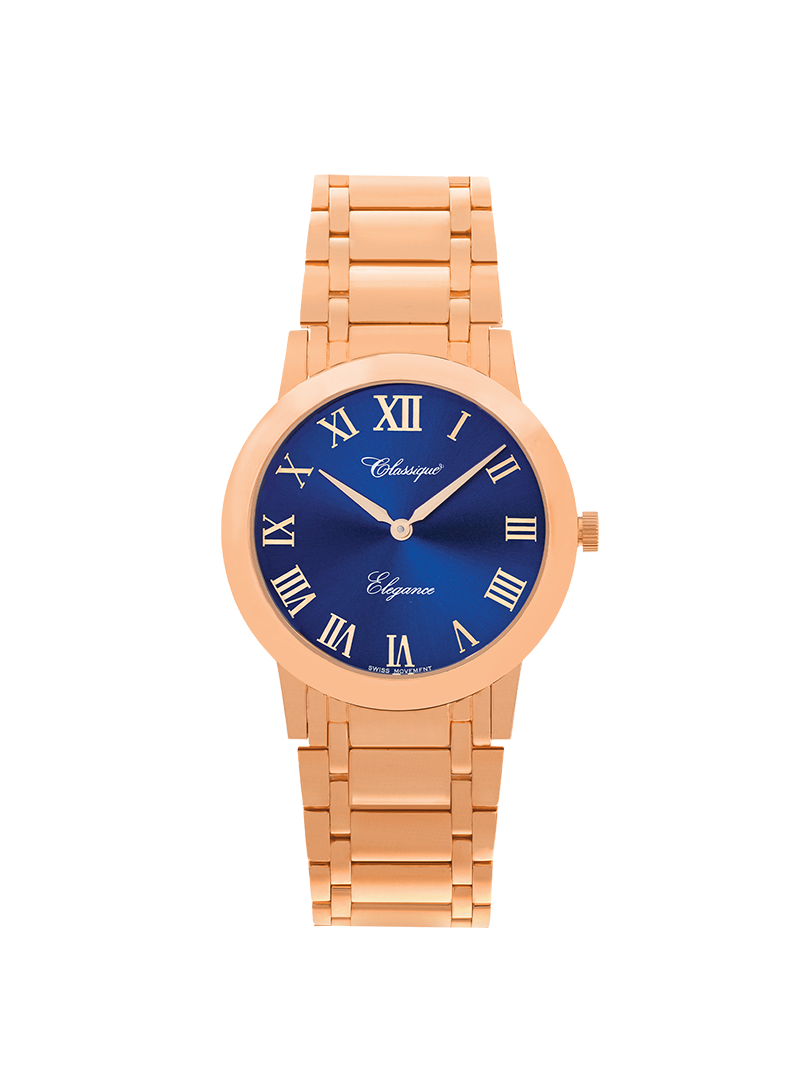 Case Rose Gold Plated Stainless Steel Dial Blue Dial Rose Roman Bracelet
