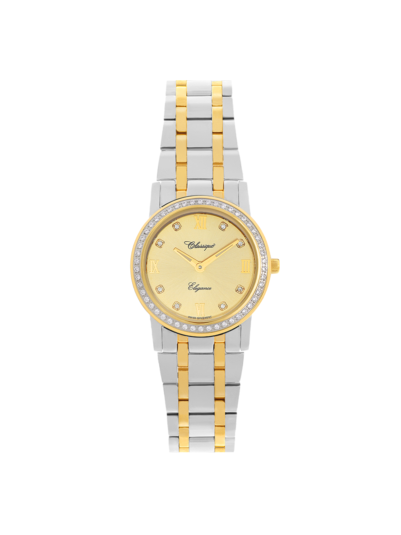 Case Two Tone Gold Plated Stainless Steel Dial Champagne Dial Square Stone Bracelet