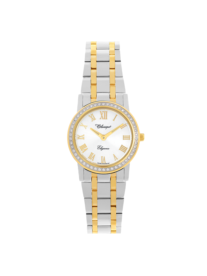 Case Two Tone Gold Plated Stainless Steel Dial Silver Dial Champagne Roman Bracelet