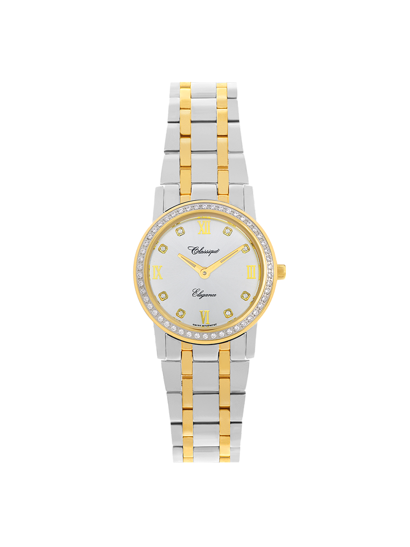 Case Two Tone Gold Plated Stainless Steel Dial Silver Dial Square Stone Bracelet