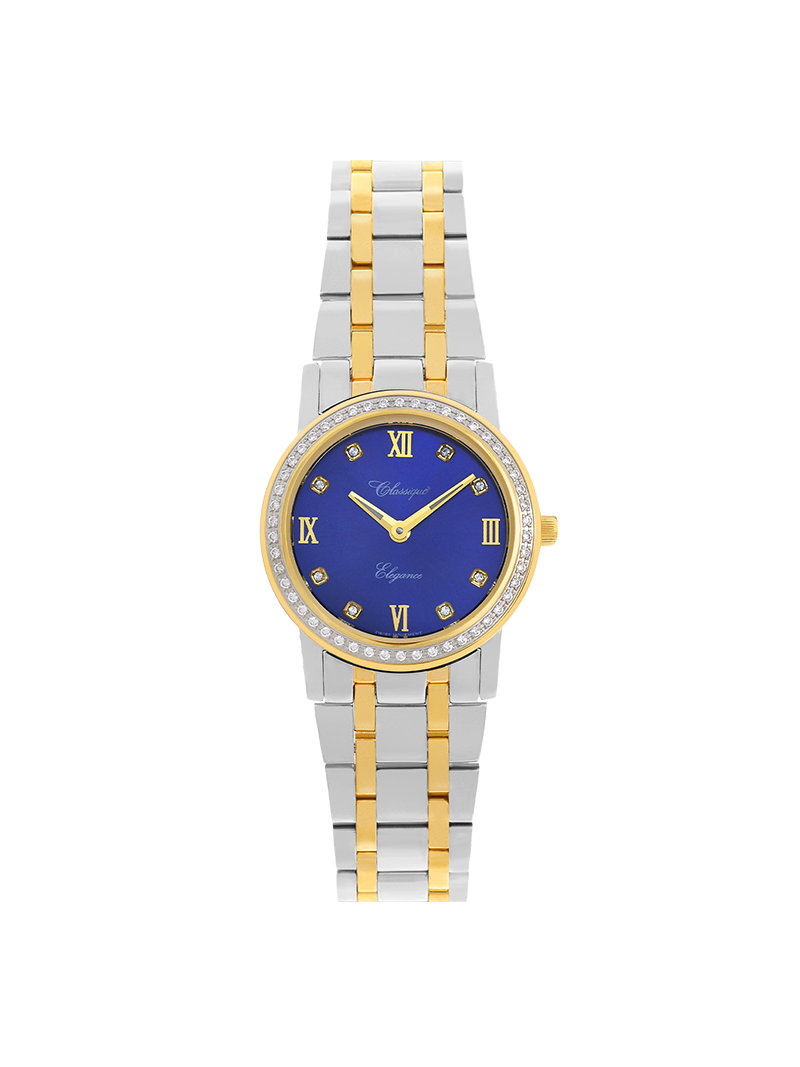 Case Two Tone Gold Plated Stainless Steel Dial Blue Dial Square Stone Bracelet