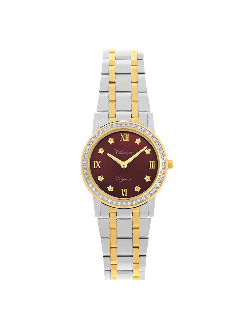 Case Two Tone Gold Plated Stainless Steel Dial Brown Dial Star Stone Bracelet