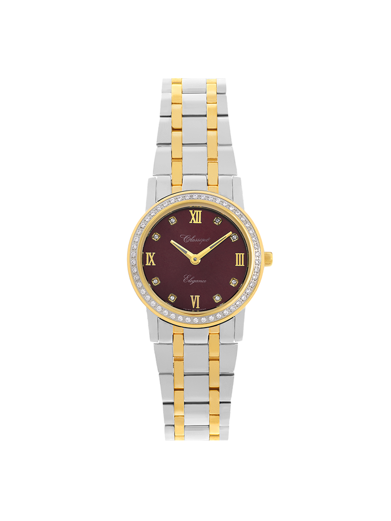 Case Two Tone Gold Plated Stainless Steel Dial Brown Dial Square Stone Bracelet