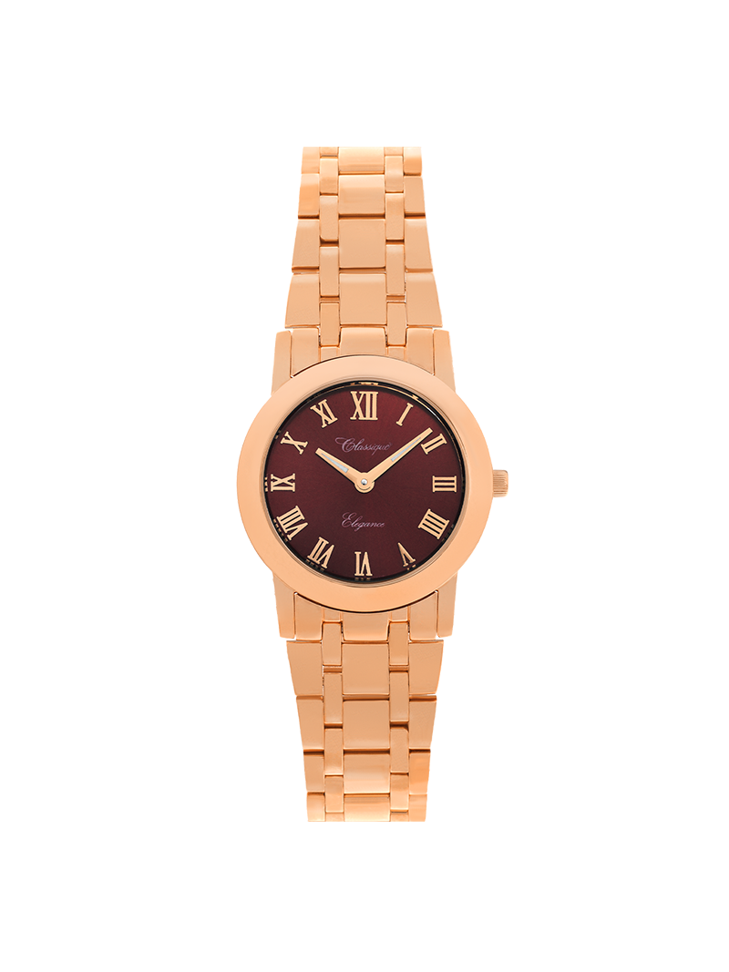 Case Rose Gold Plated Stainless Steel Dial Brown Dial Rose Roman Bracelet
