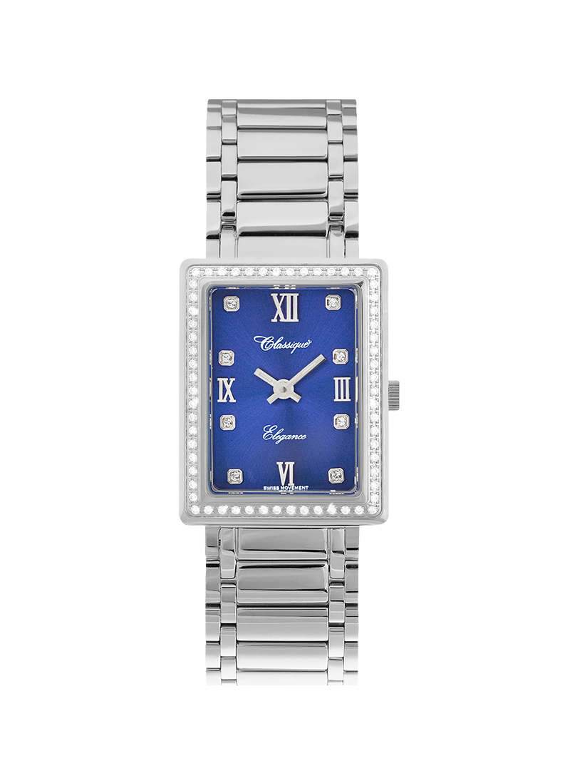 Case Stainless Steel Dial Blue Dial Square Stone Bracelet