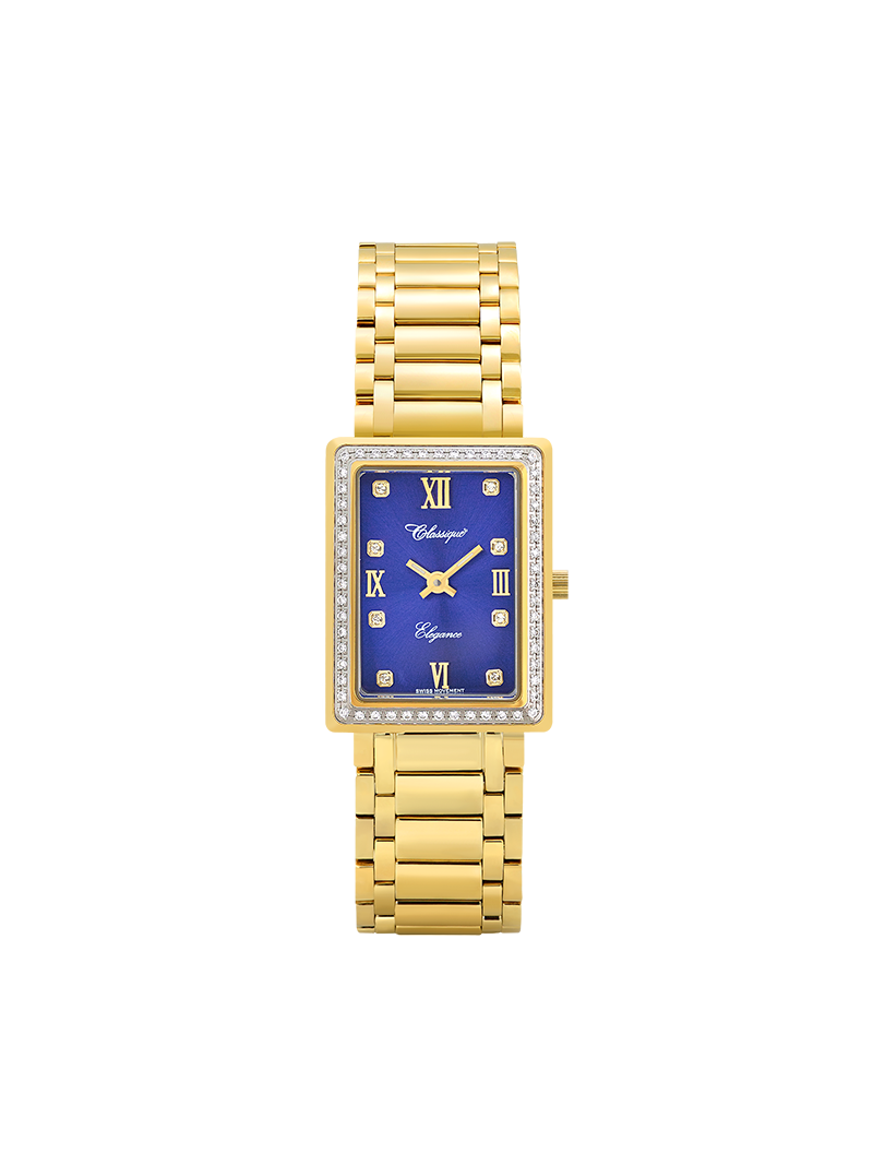 Case Gold Plated Stainless Steel Dial Blue Dial Square Stone Band Bracelet