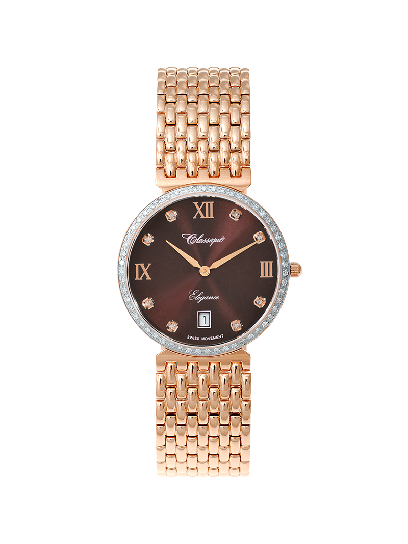 Case Rose Gold Plated Stainless Steel Dial Brown Dial Square Stone Bracelet