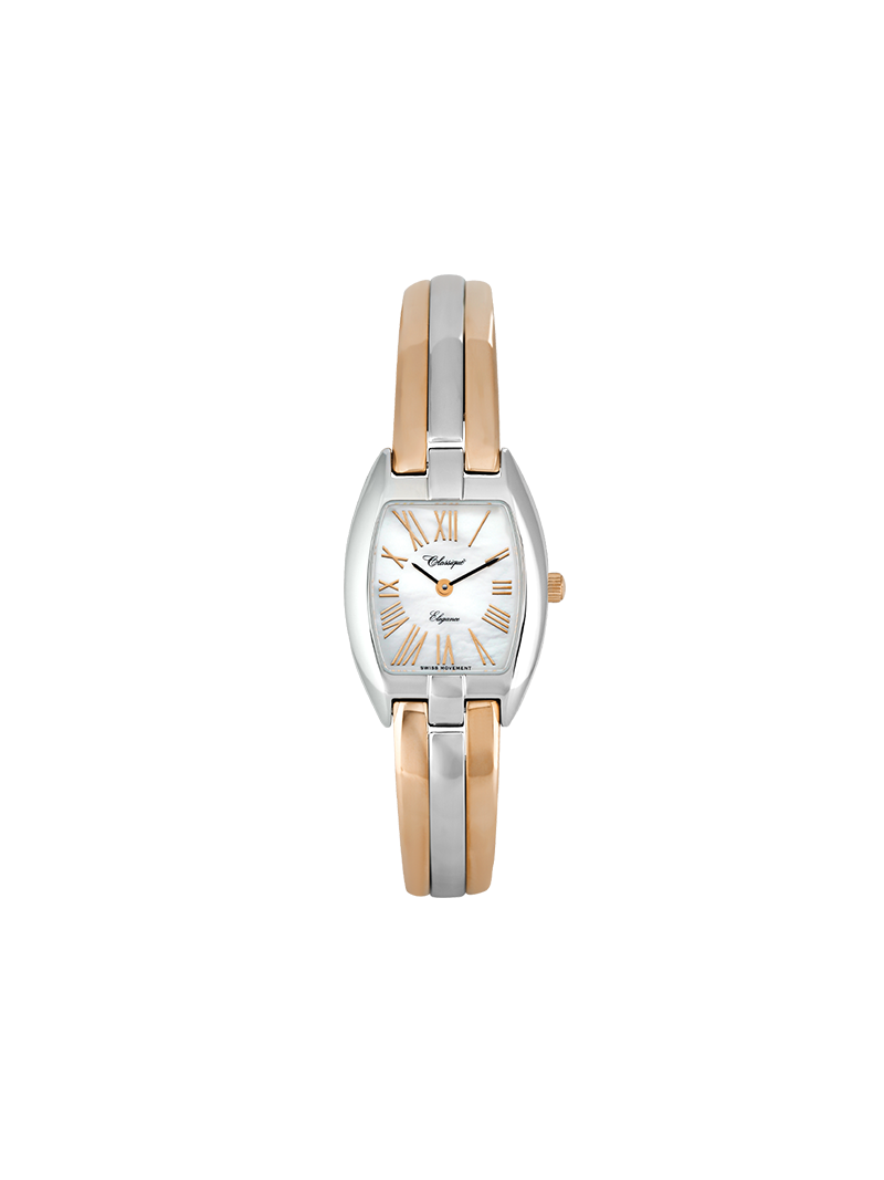 Case Two Tone Rose Gold Plated Stainless Steel Dial Mother of Pearl Dial Rose Roman Half Bangle