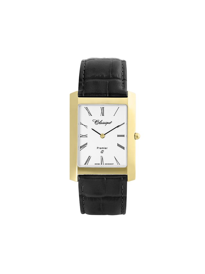 Case Gold Plated Stainless Steel Dial White Dial Black Roman Leather Black