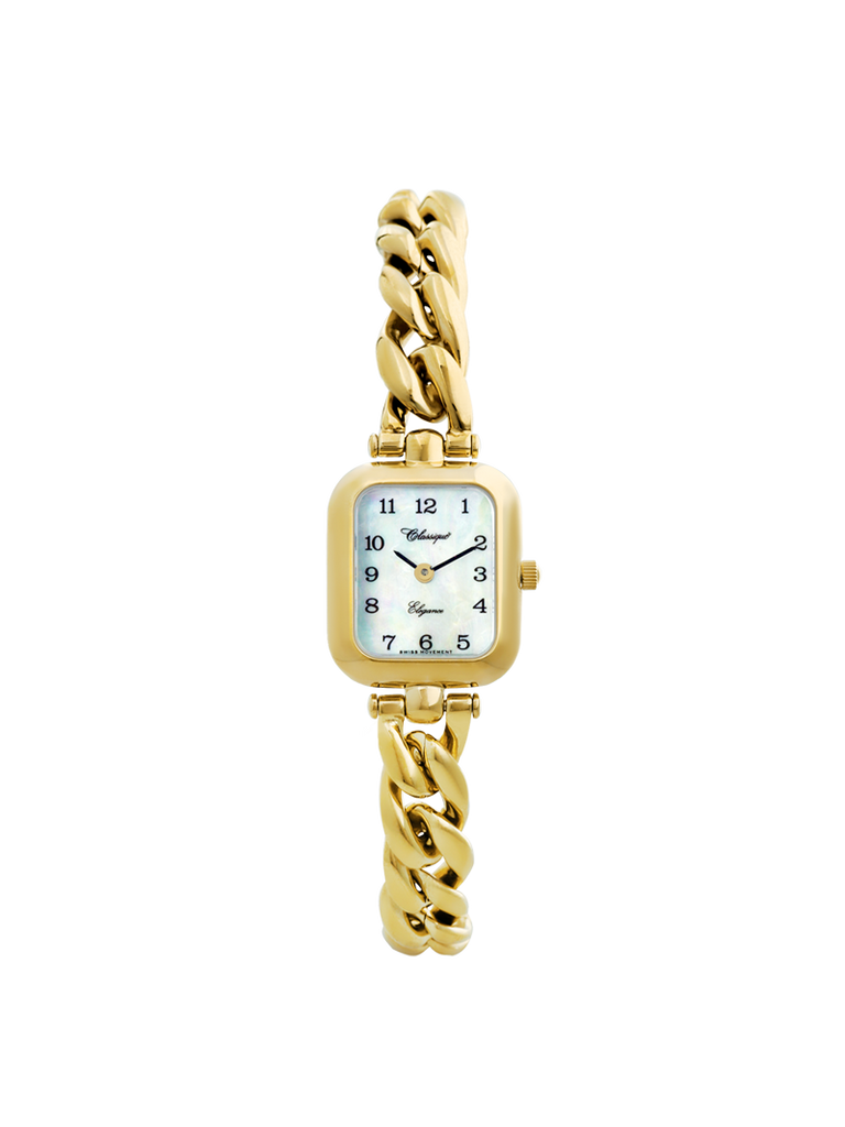 Case Gold Plated Stainless Steel Dial Mother of Pearl Dial Black Arabic Bracelet