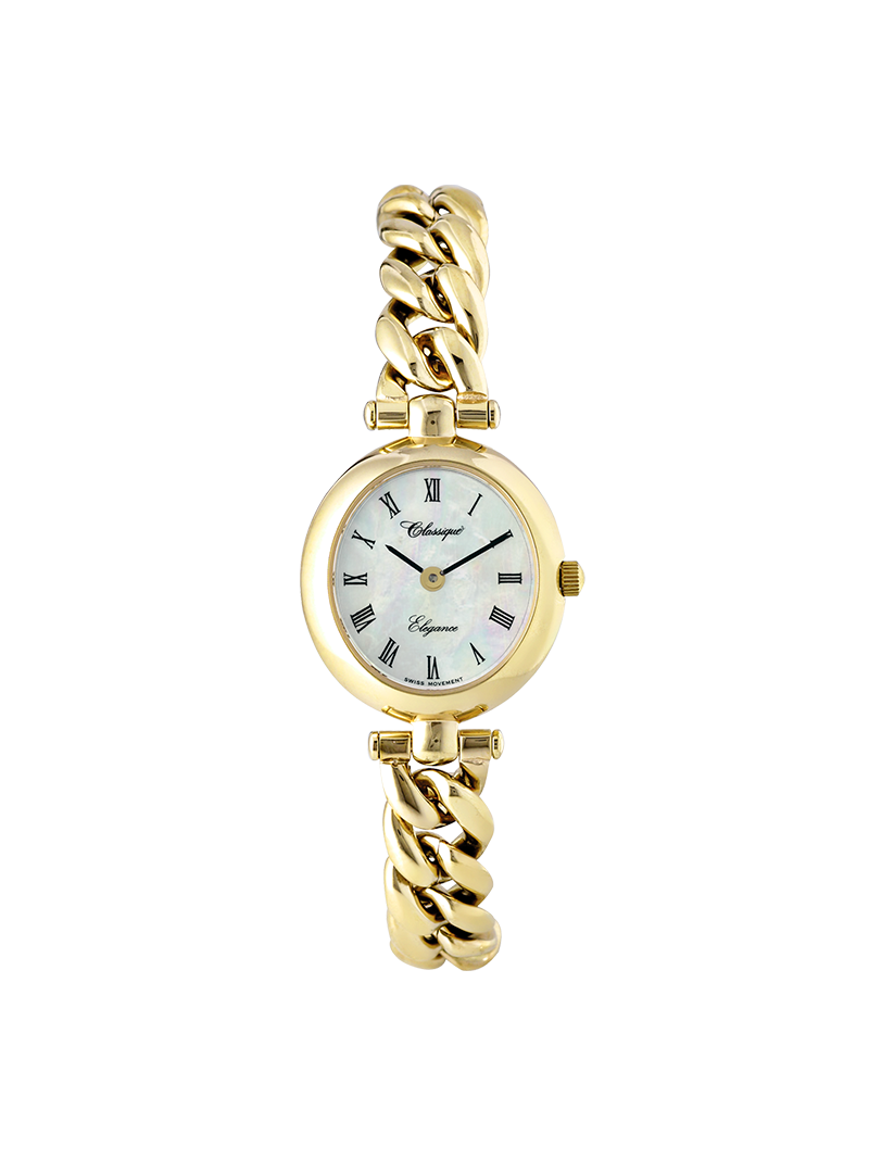 Case Gold Plated Stainless Steel Dial Mother of Pearl Dial Black Roman Bracelet