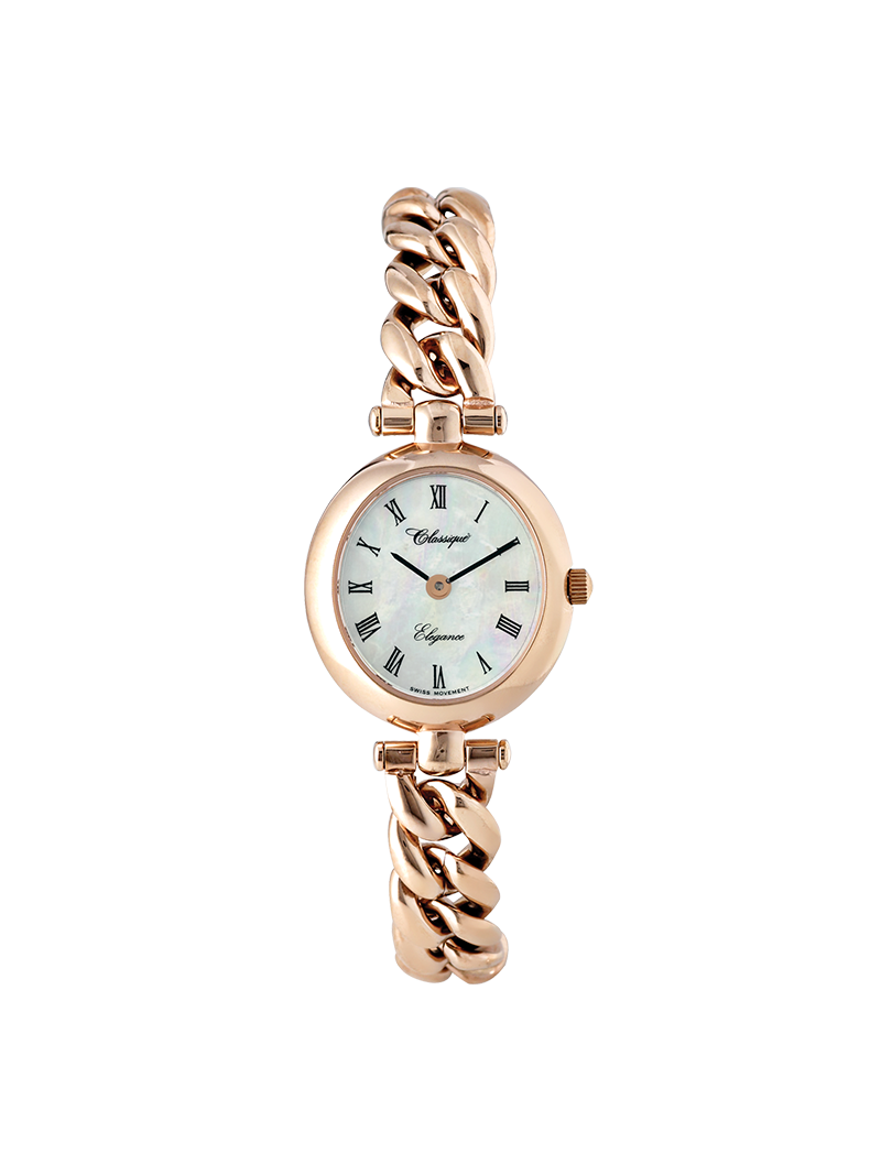 Case Rose Gold Plated Stainless Steel Dial Mother of Pearl Dial Black Roman Bracelet