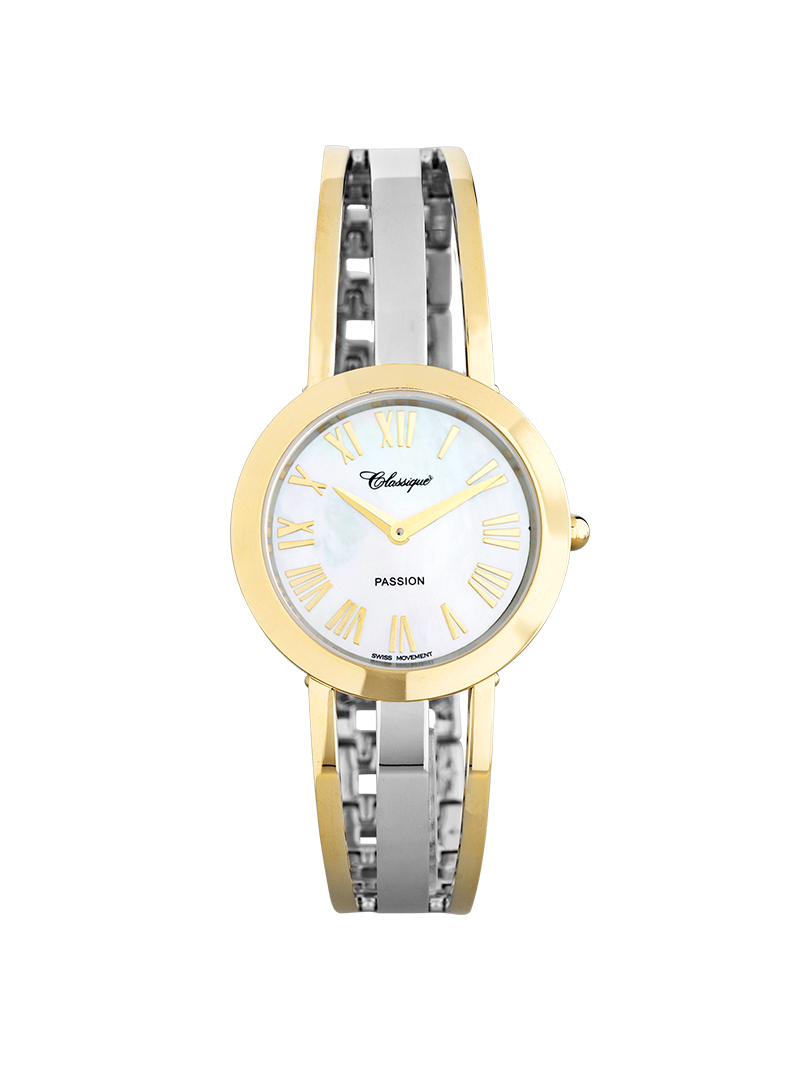 Case Two Tone Gold Plated Stainless Steel Dial Mother of Pearl Dial Champagne Roman Half Bangle