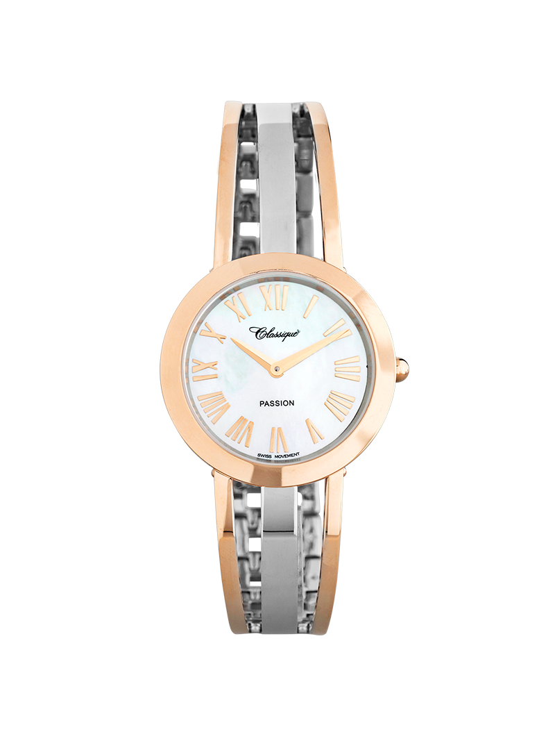 Case Two Tone Rose Gold Plated Stainless Steel Dial Mother of Pearl Dial Rose Roman Half Bangle