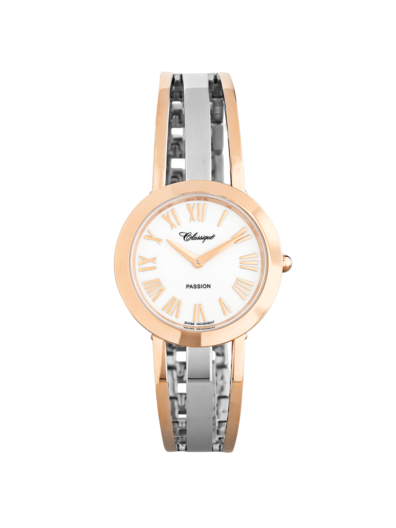 Case Two Tone Rose Gold Plated Stainless Steel Dial White Dial Rose Roman Half Bangle
