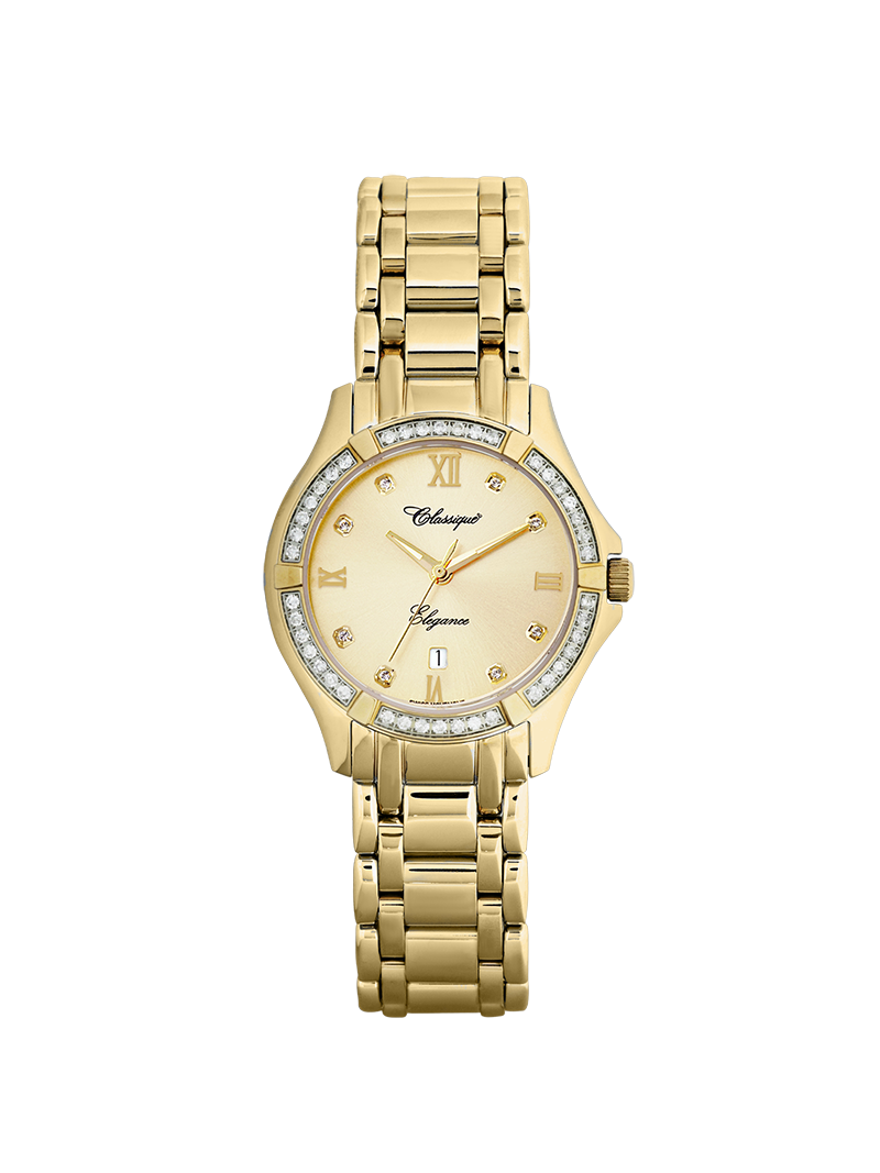 Case Gold Plated Stainless Steel Dial Champagne Dial Square Stone Bracelet