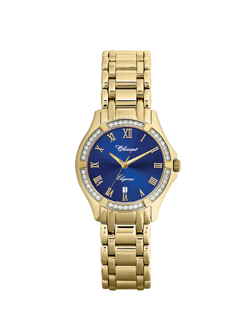 Case Gold Plated Stainless Steel Dial Blue Dial Champagne Roman Bracelet