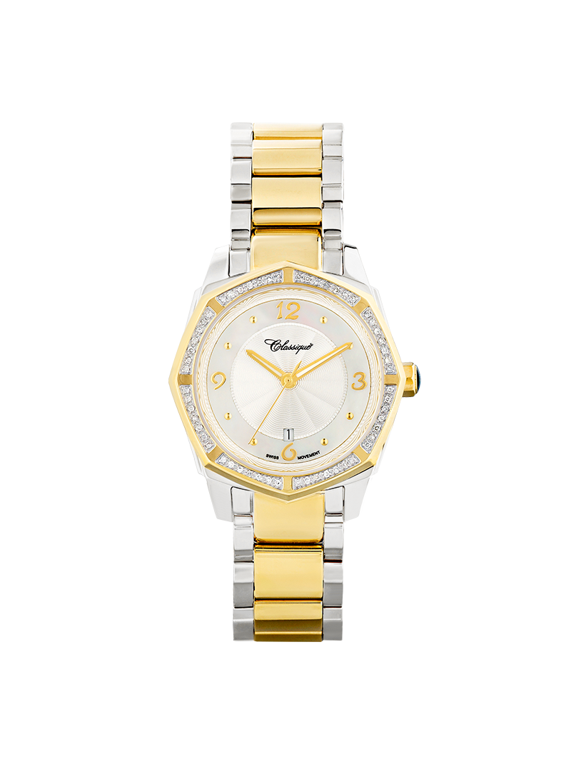 Case Two Tone Gold Plated Stainless Steel Dial Mother of Pearl Dial Champagne Arabic Bracelet