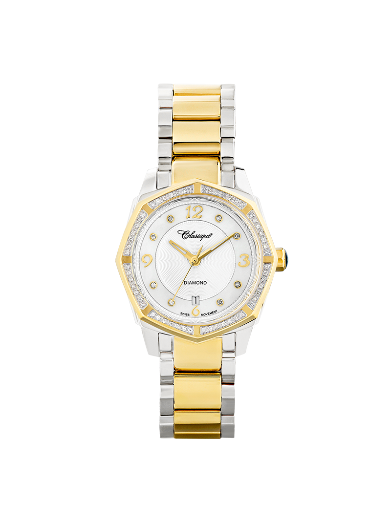 Case Two Tone Gold Plated Stainless Steel Dial Mother of Pearl Dial Diamond Band Bracelet
